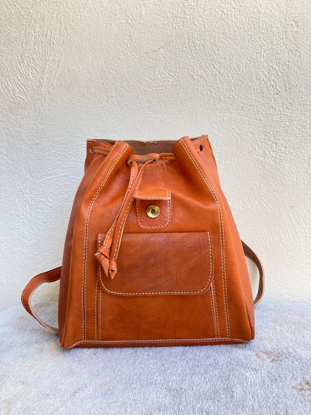 Cognac Leather Backpack Handmade Morocco Artisan Zip Genuine Leather