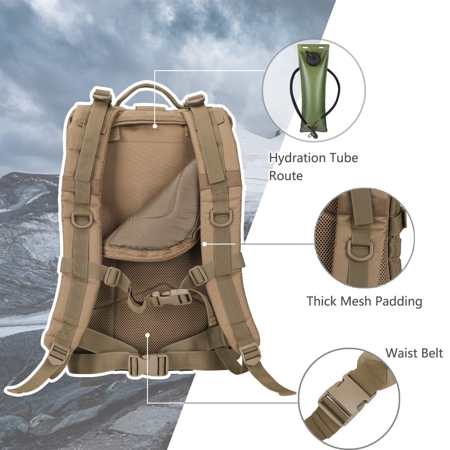 Assault Pack Tactical Backpack 3-Day Rucksack Coyote with USA Patch