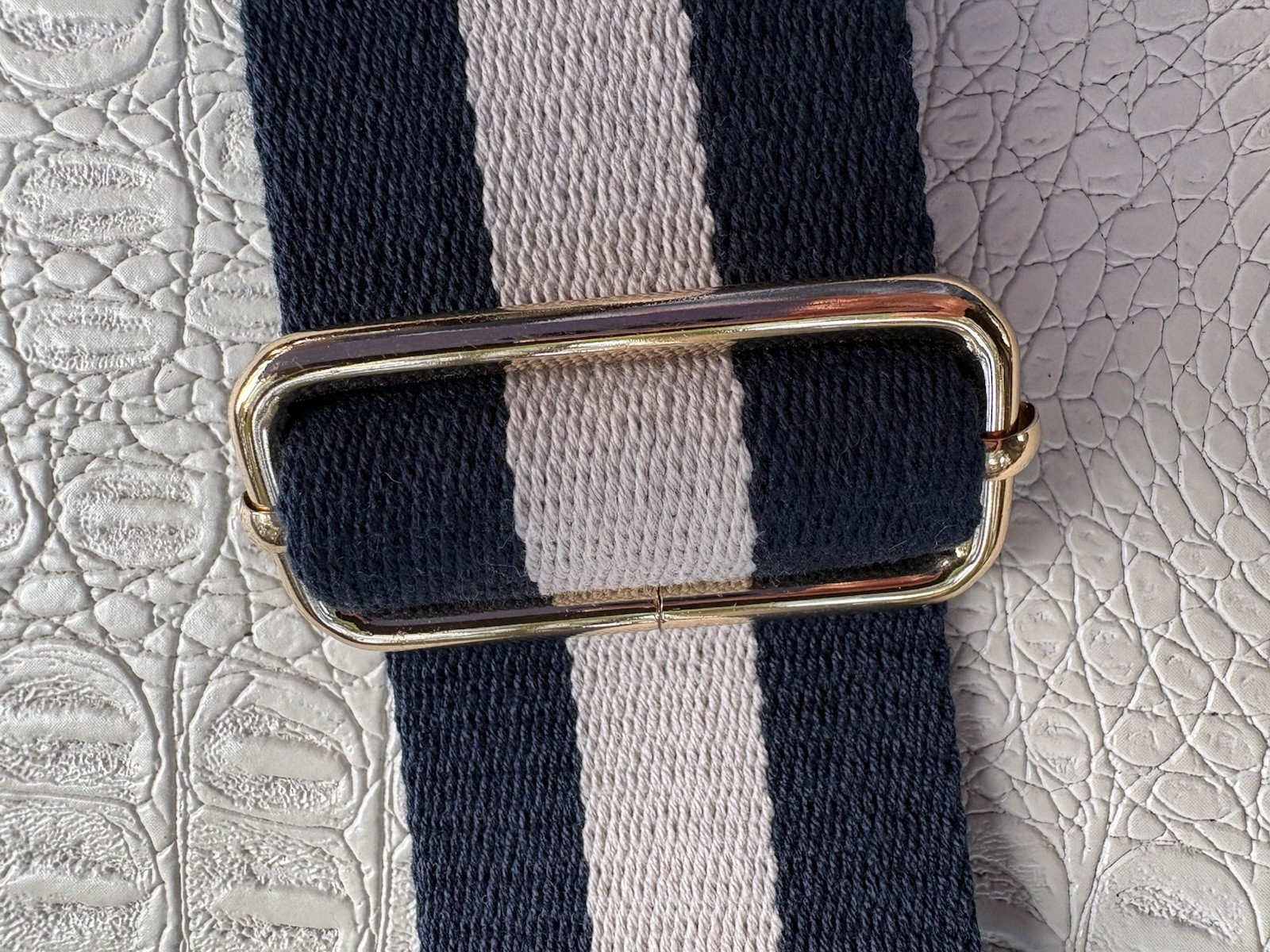 Canvas Replacement Bag Strap Navy Blue Cream Stripe Polished Goldtone 30” Adjust