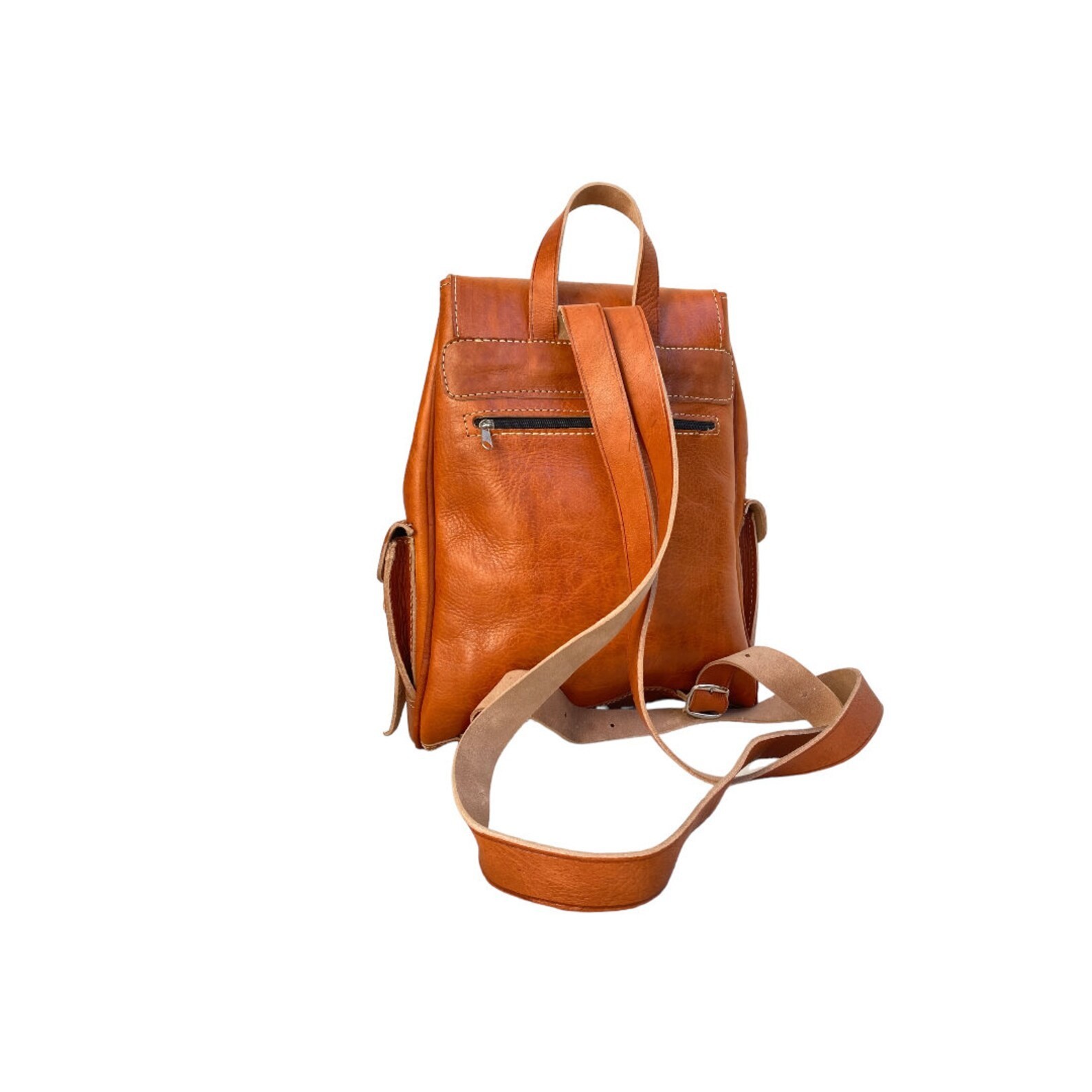 Cognac Leather Backpack Handmade Morocco 2 Pockets Genuine Leather Bag