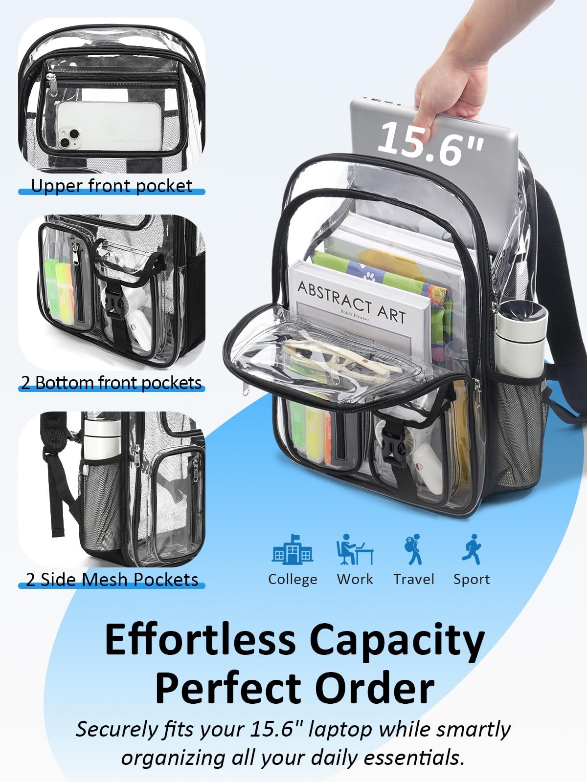 DoubleLayer Clear Backpack Heavy Duty Transparent Bookbag 17 Inch Bag Black