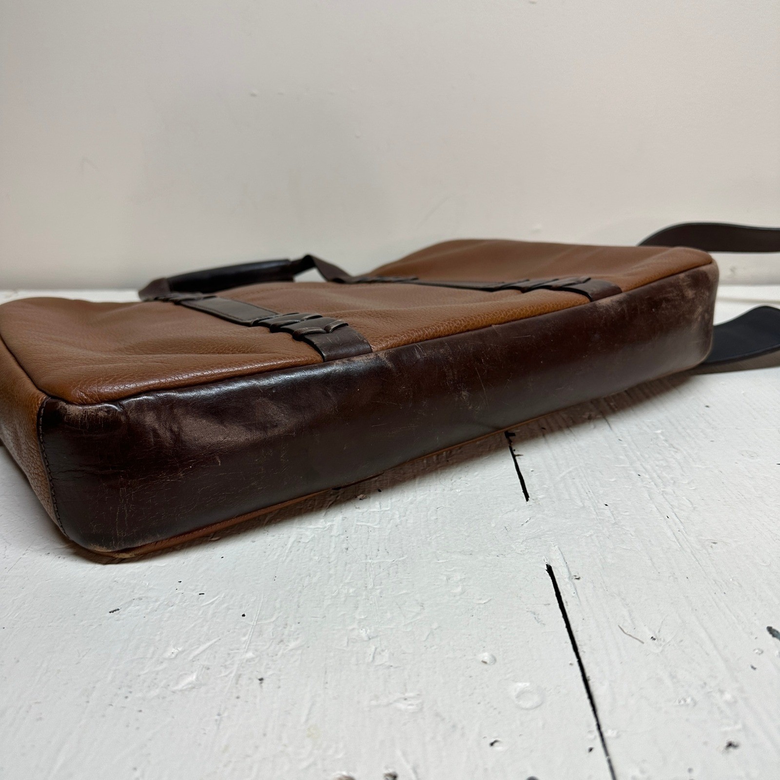 Johnston & Murphy Mens Brown Leather Briefcase Laptop Messenger Bag Two Tone