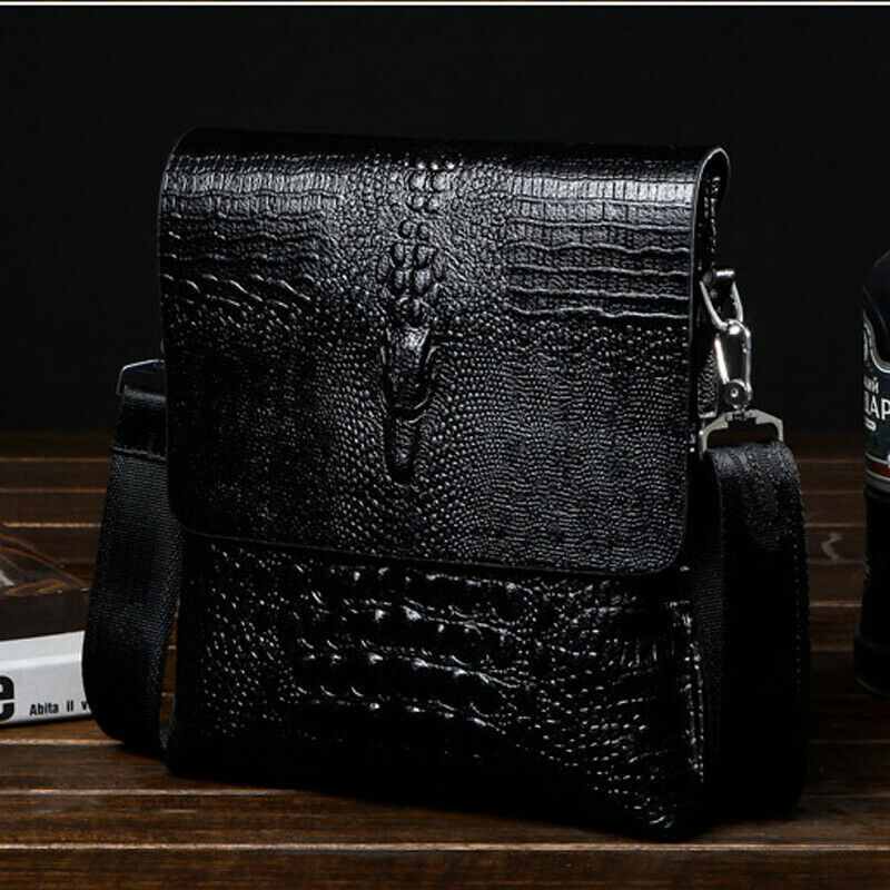 Men Leather Black Crocodile Sling Shoulder Bag Crossbody Bag 10″ Messenger Bag B
