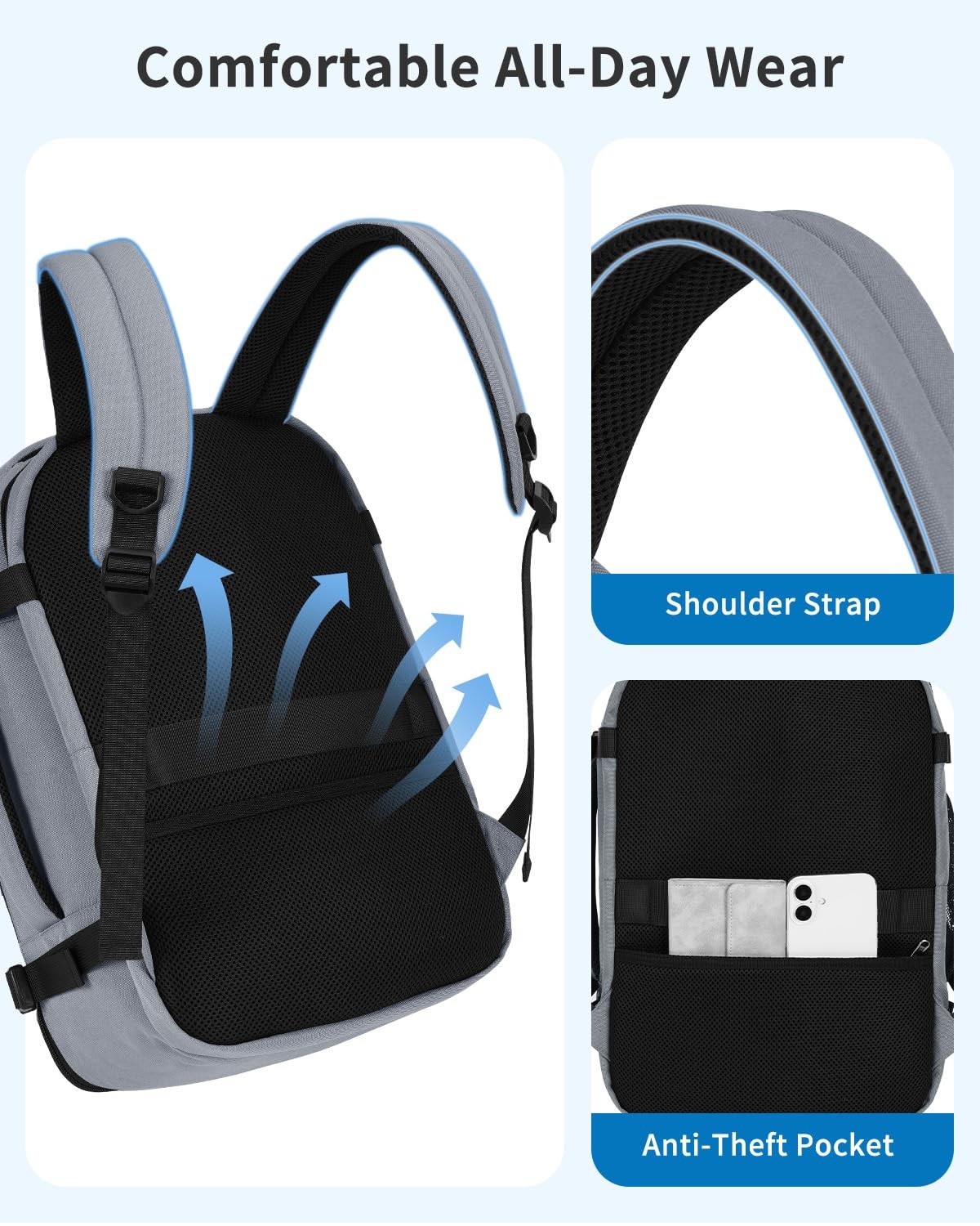 Grey Personal Item Travel Small Backpack 15.6 Laptop 17x10x9 Inch Bag