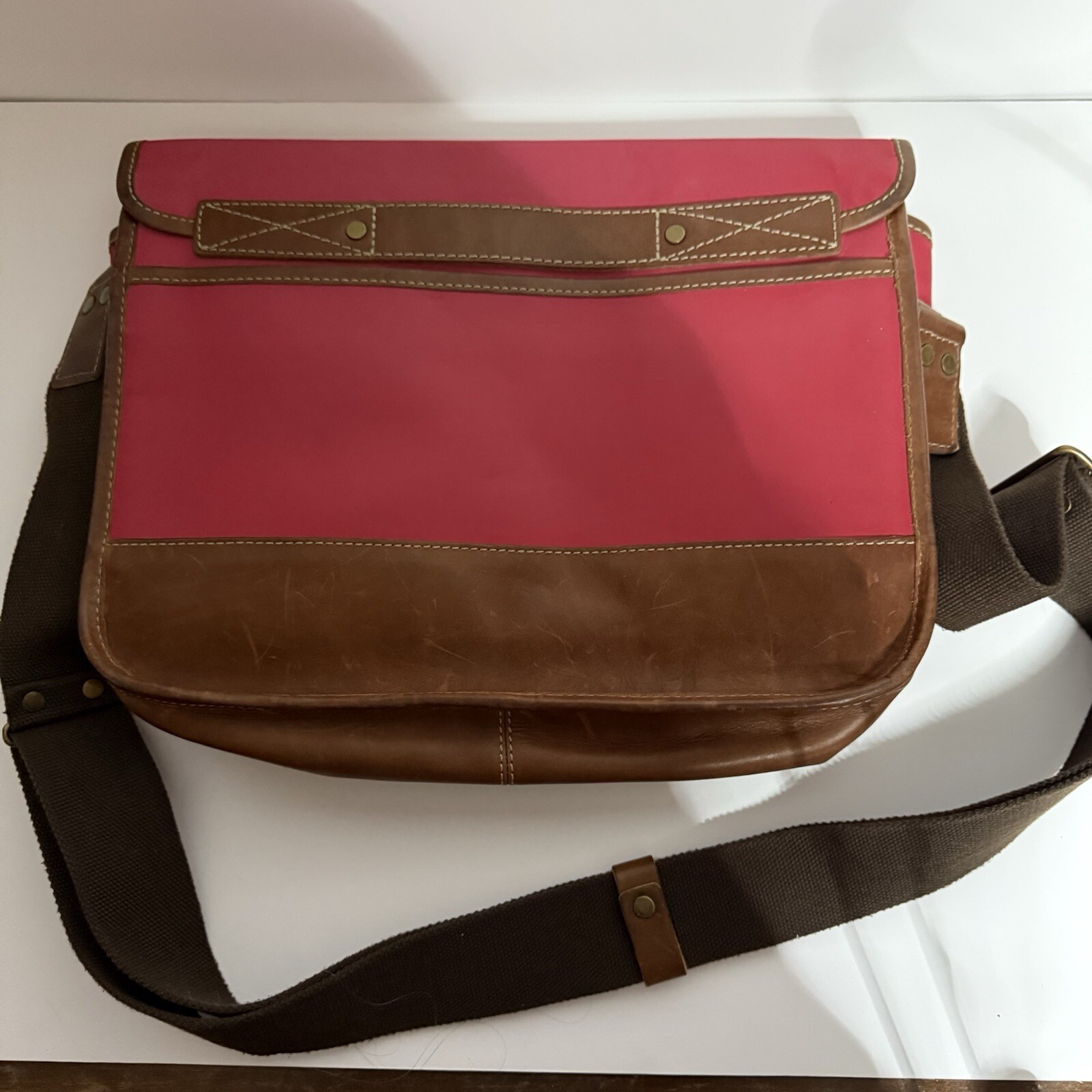 Cole Haan Reflective Leather Messenger Bag Red Brown Canvas Vintage Style