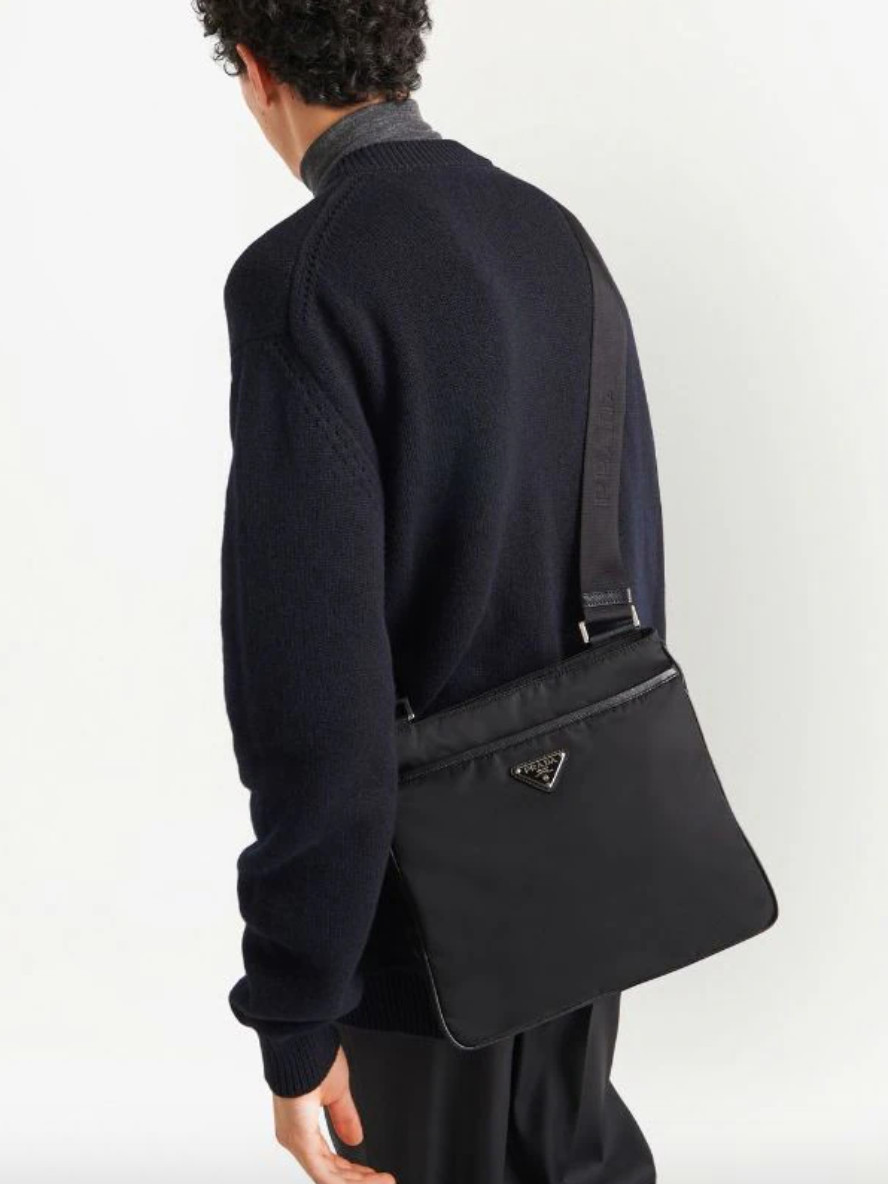 Auth PRADA Milano Black RE-Nylon Saffiano Leather Crossbody Shoulder Bag
