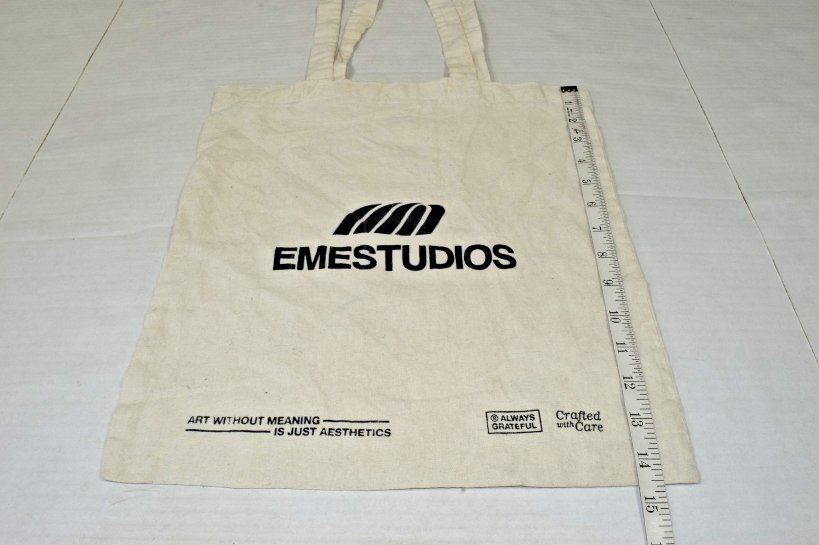 EME Studios Streetwear Tote Bag Printed Logo Ultra Thin Ivory Cotton 14.5X13.5In