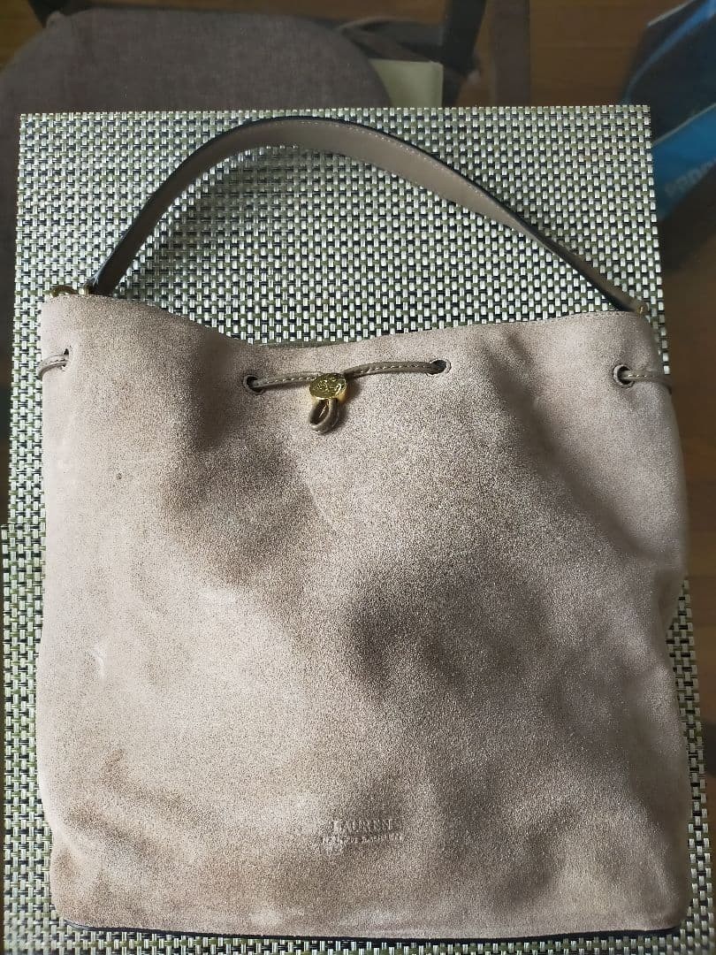 Vintage RALPH LAUREN Suede Shoulder Bag Charm Satchel Beige Gray Tote Women JPN