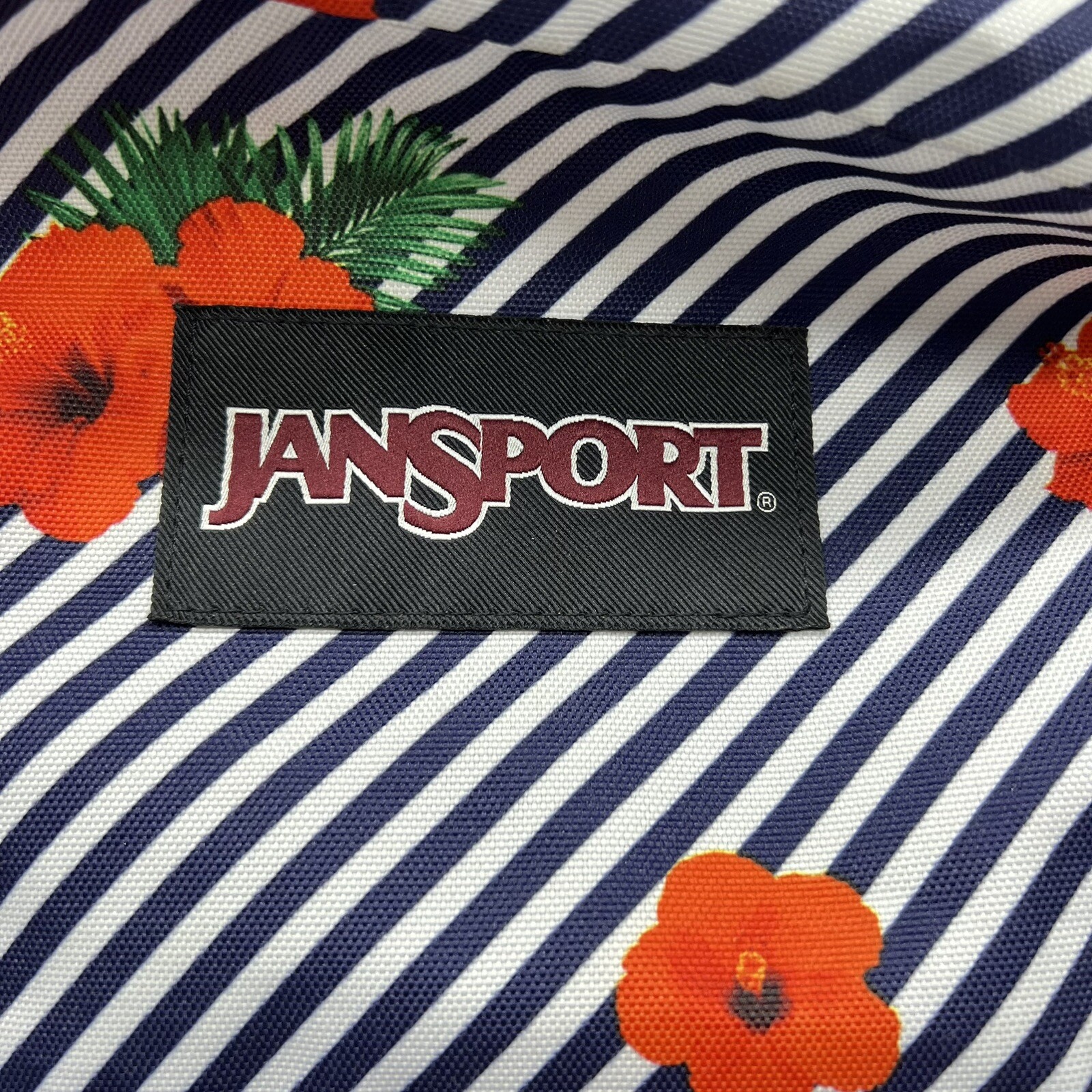 Jansport Backpack Tropical Flowers Bag Black White Stripes Navy Blue School