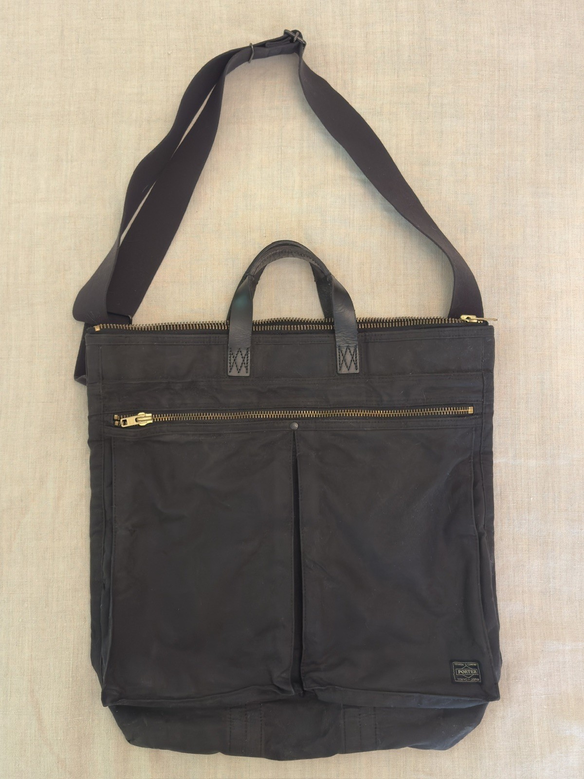 Porter Yoshida Dual Helmet Bag In Black Waxed Cotton Canvas, great condition!