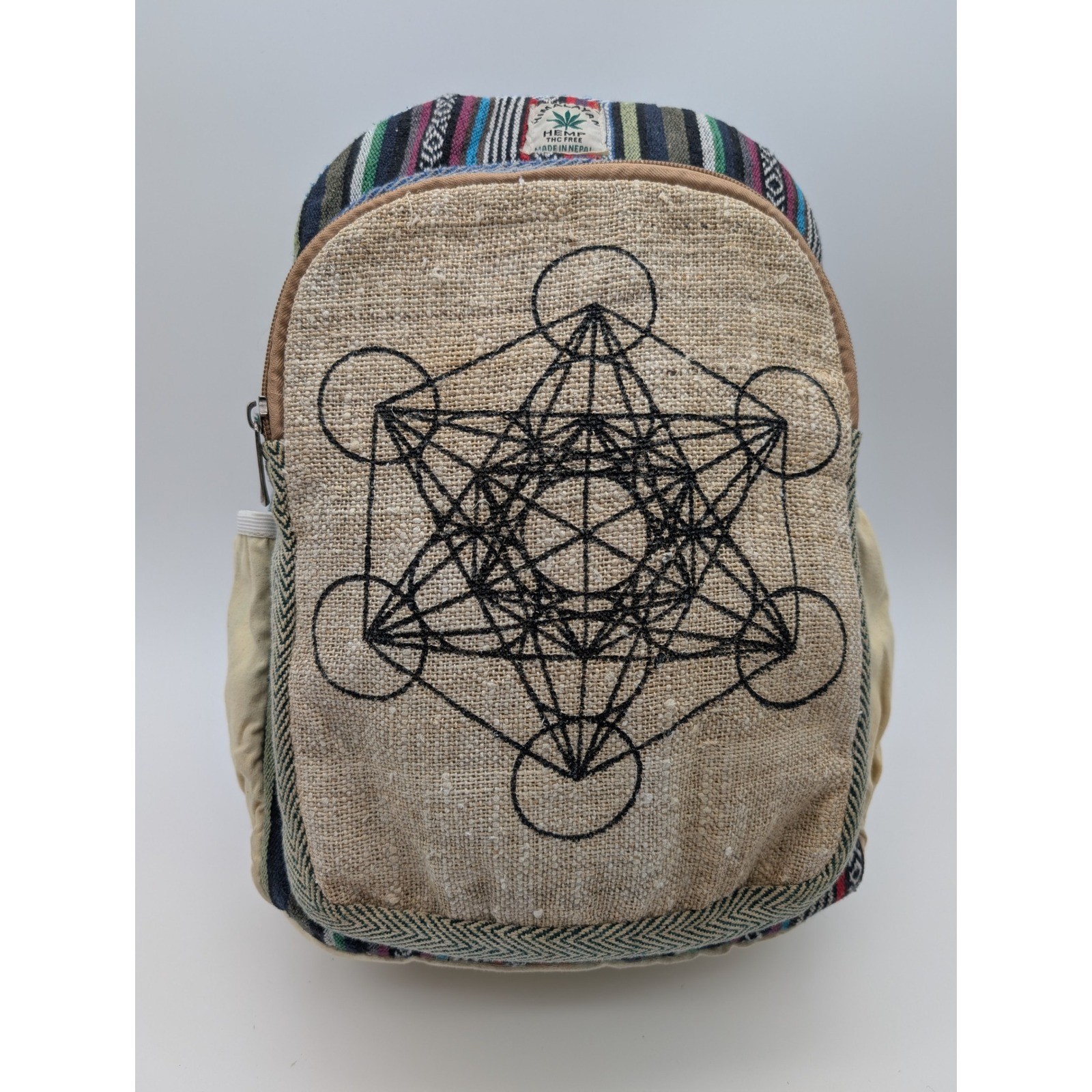 Himalayan Hemp Metatron Cube Embroidered Backpack Woven Multi Color Made Nepal