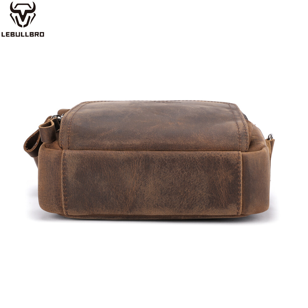 Men’s Genuine Crazy Horse Leather Crossbody Bag Casual Multi-Pocket Shoulder Bag