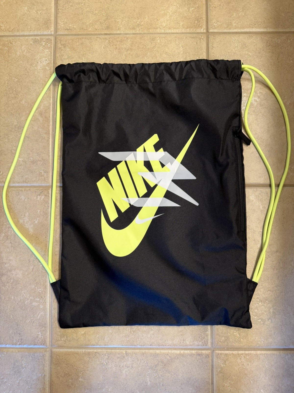 Nike Heritage Drawstring Gym Sack Backpack Black Volt Futura Logo Zip Pocket