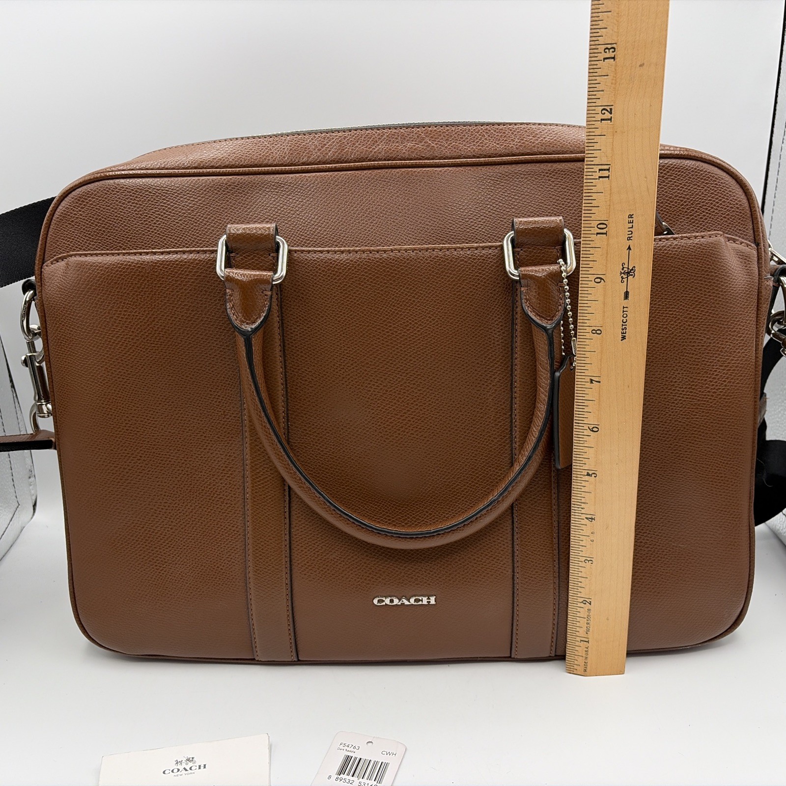 Coach Metropolitan Brown Dark Saddle Slim Briefcase Pebbled Leather Laptop Bag