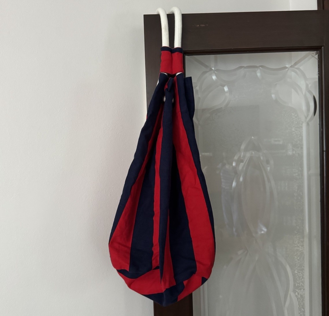 Vtg American Apparel Striped Canvas Rope Tote Shoulder Sling Beach Bag Blue Red