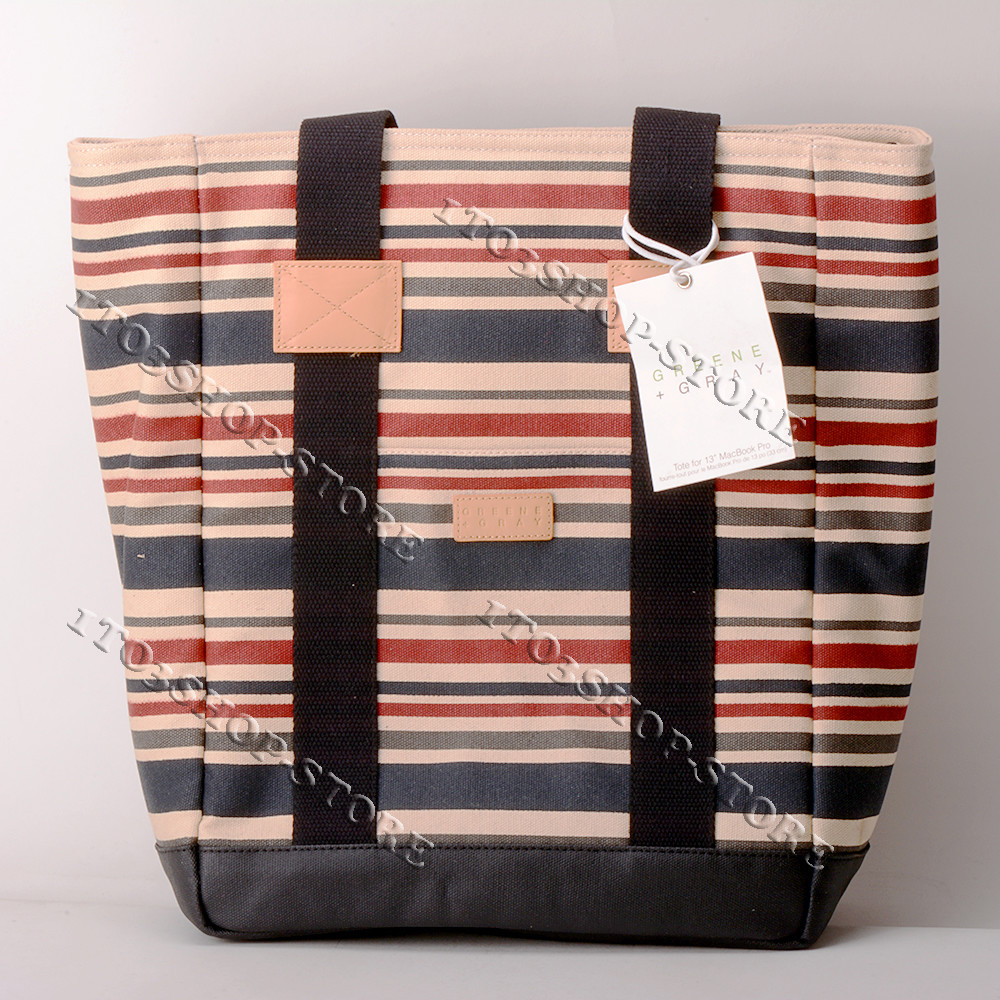Summer Beach Greene Gray Stripe Waxed Canvas Bag Shoulder Picnic Tote 14″x12″x5″