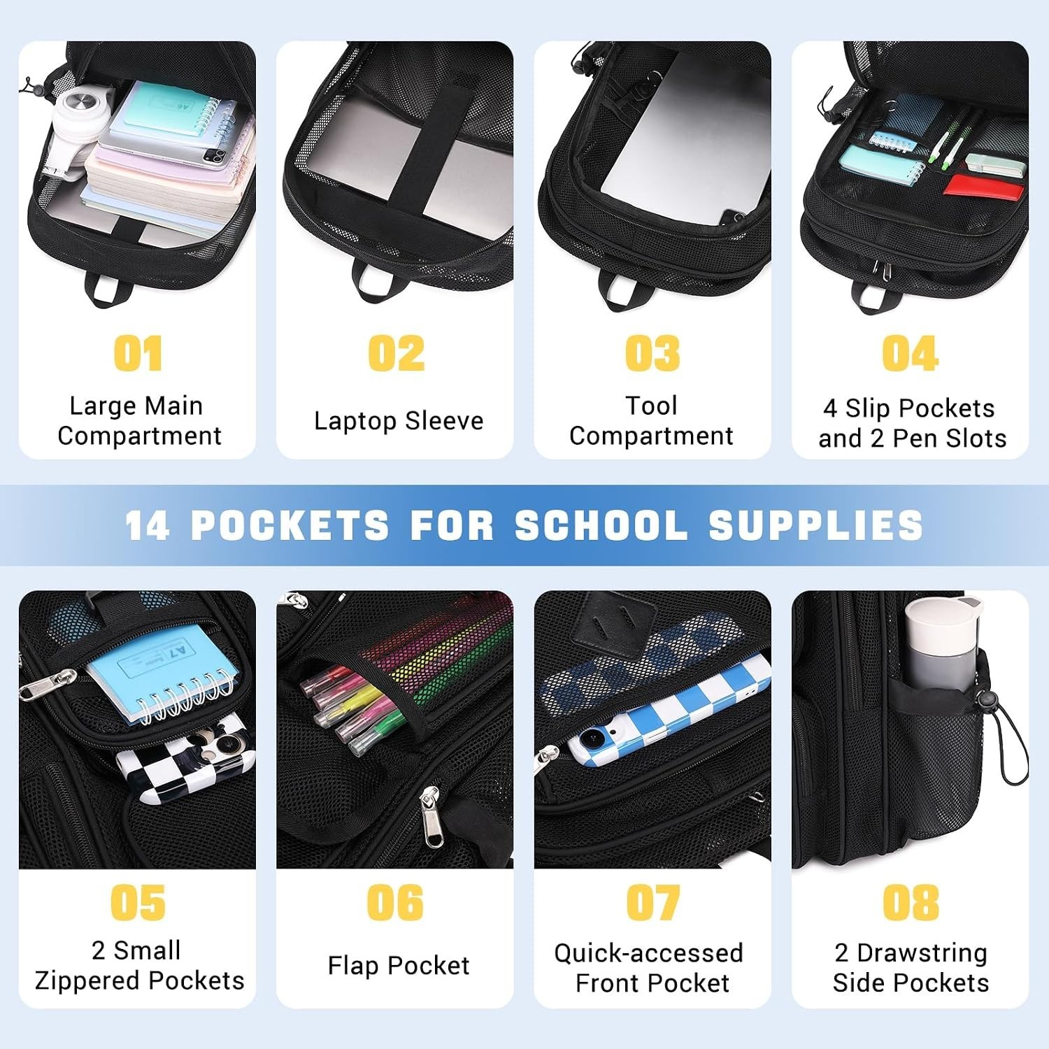 Breathable Semi-Transparent Mesh Backpack with Padded Straps for School & Sports