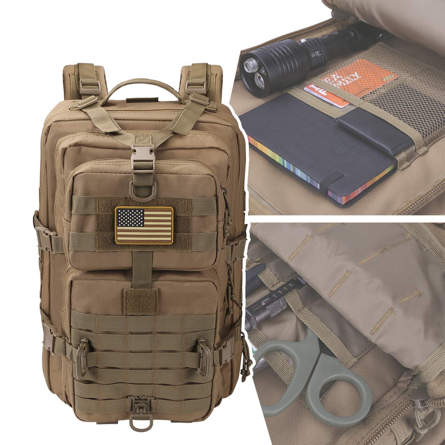 Assault Pack Tactical Backpack 3-Day Rucksack Coyote with USA Patch