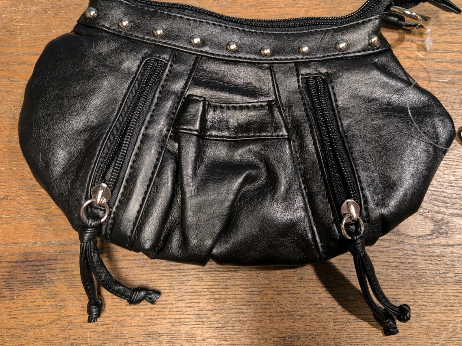 Shiny Black Faux Patent Leather Shoulder Bag Multiple Pockets Studded Accents