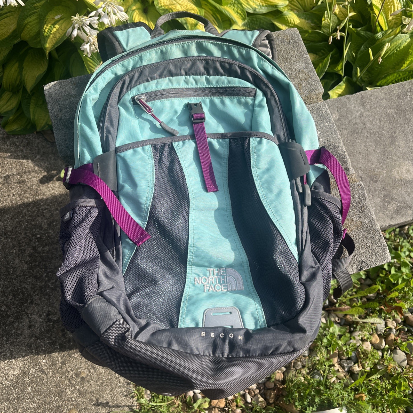 The North Face Recon Backpack School Work Hiking Padded Teal Gray Purple Straps