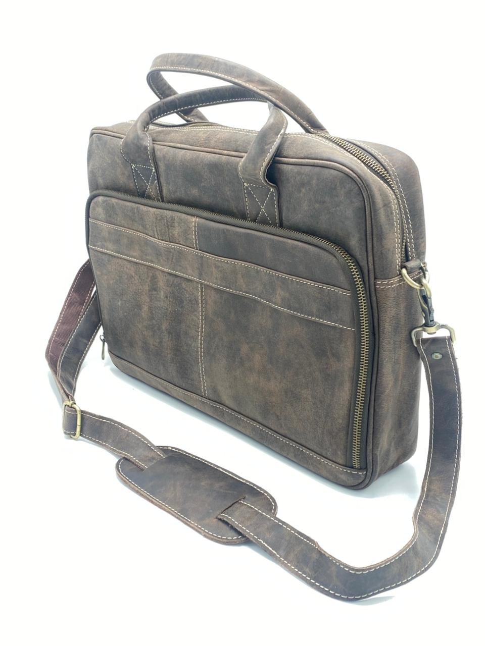 Handmade Full Grain Brown Genuine Leather Laptop Shoulder Handbag For Men’s