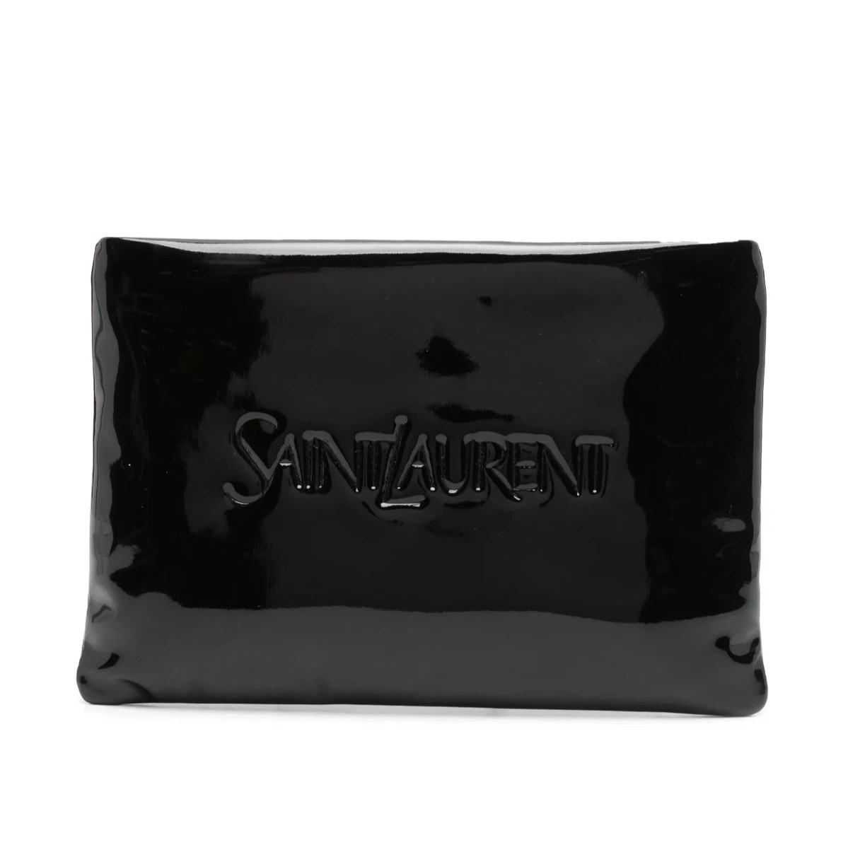 SAINT LAURENT Black Faux Patent Leather Small Puffy Pouch Clutch Bag $825