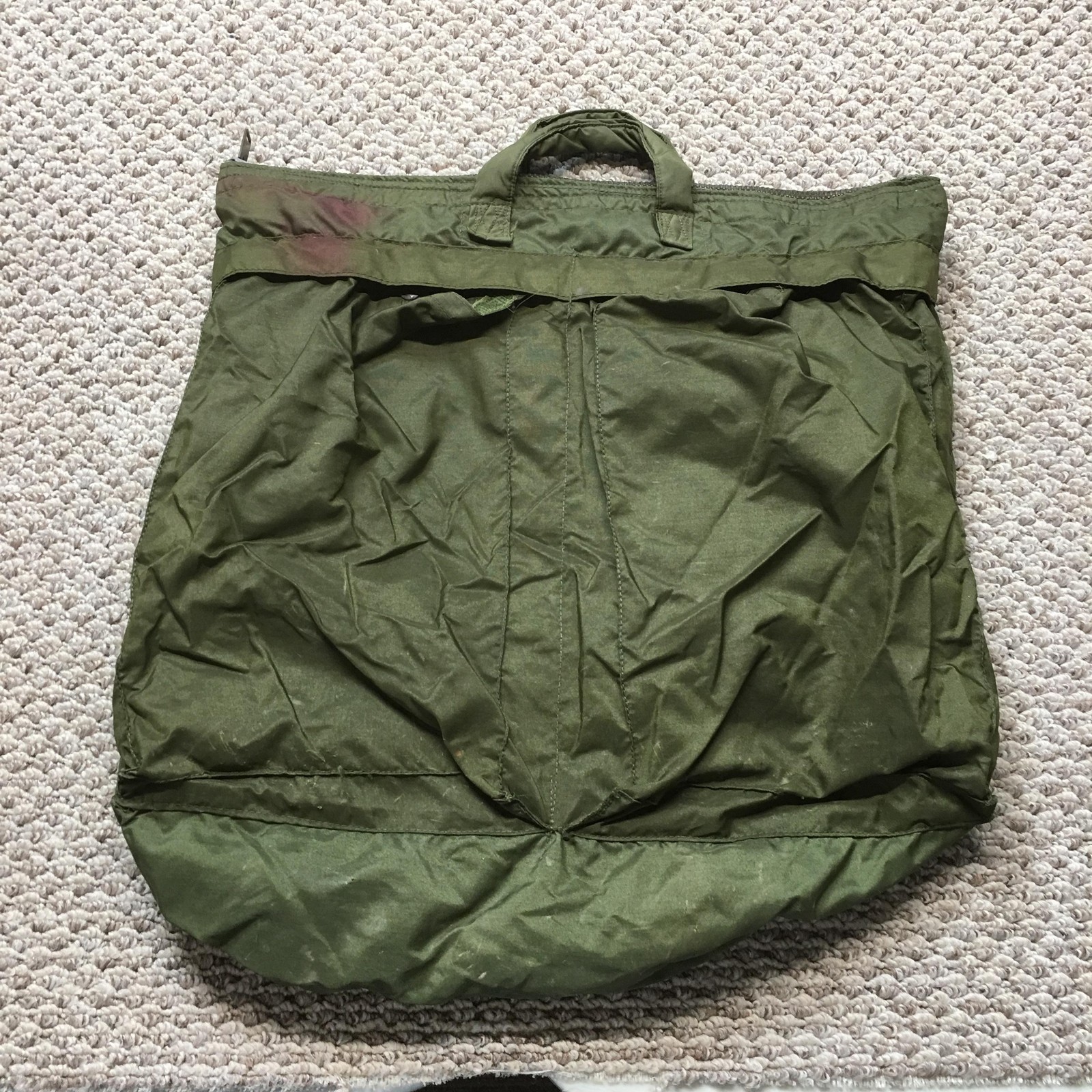 Vintage 70s Military Tote Bag Mens Large Green Nylon Flyers Helmet Army Zip