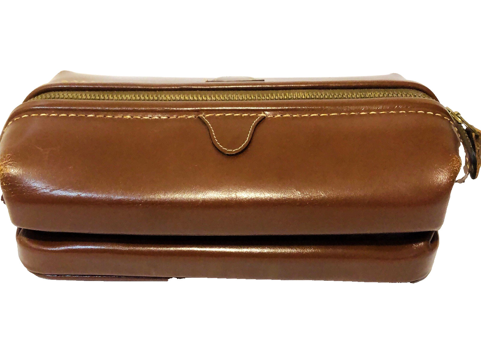 Vintage Dopp Kit Leather Toilet Case Cognac Contrast Stitching Zipper USA Made