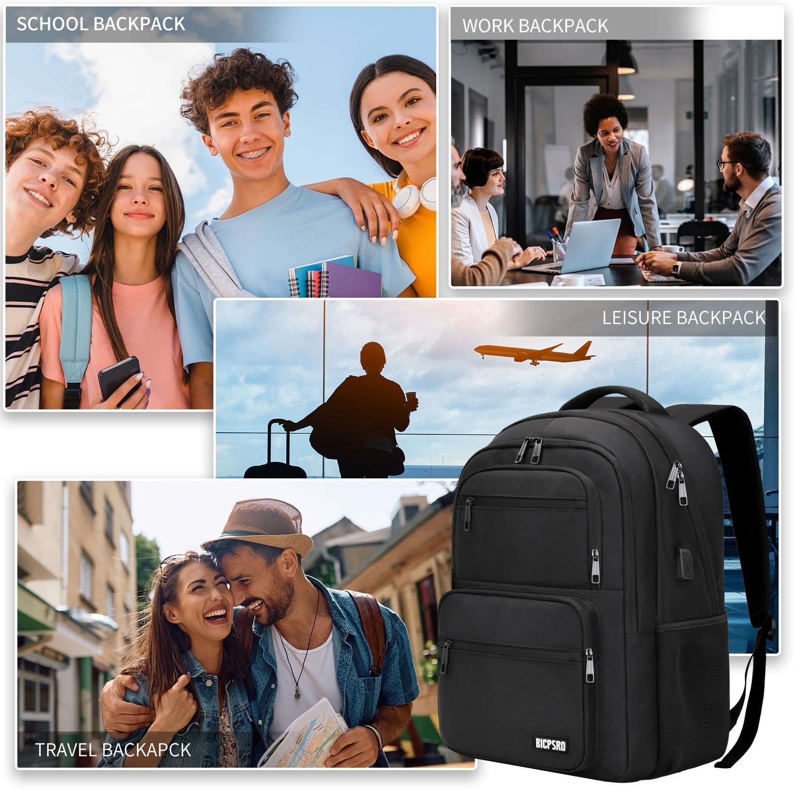 Stylish Black Laptop Backpack 15.6″ for School, College, Teens, USB Port, Water
