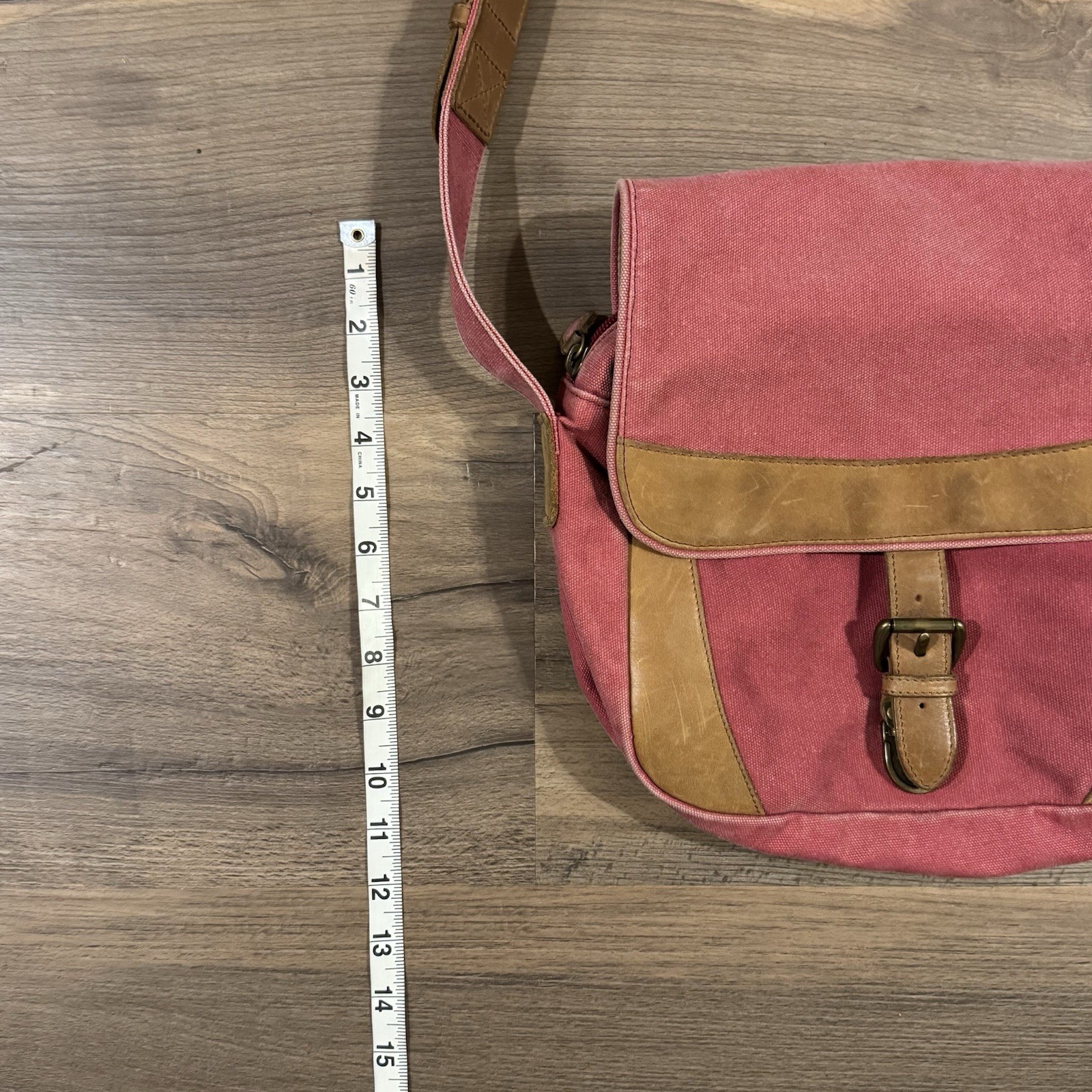 LL Bean PINK Canvas Field Messenger Shoulder Bag Brown Leather Trim Push Lock