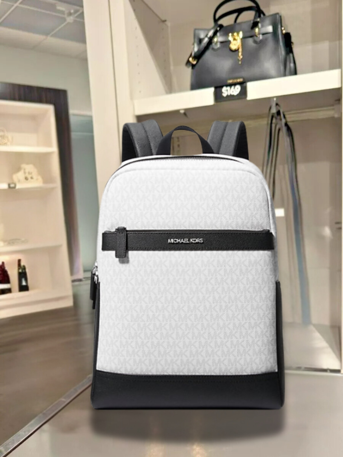 Michael Kors Cooper Men Medium MK Logo Travel Pocket Backpack Bag Bright White