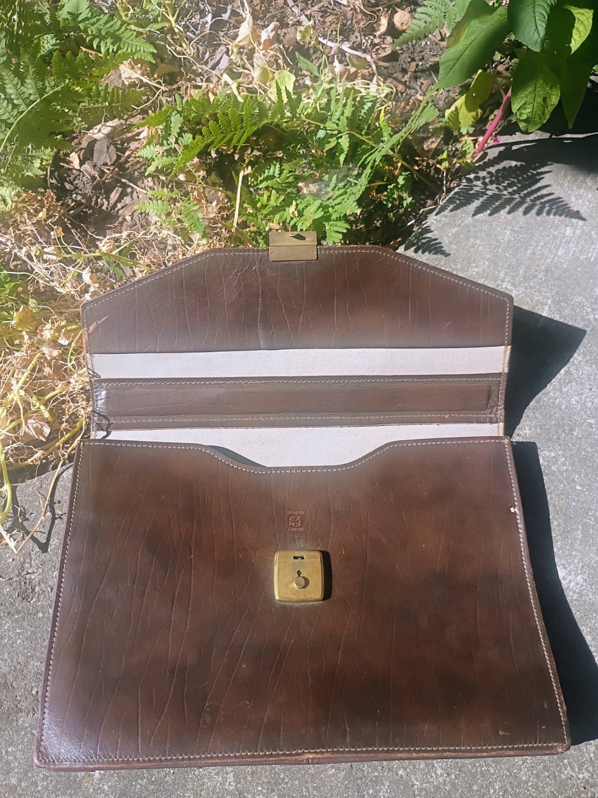 Vintage Top Grain Cowhide Leather Briefcase Laptop Bag With Key Brass Hardware