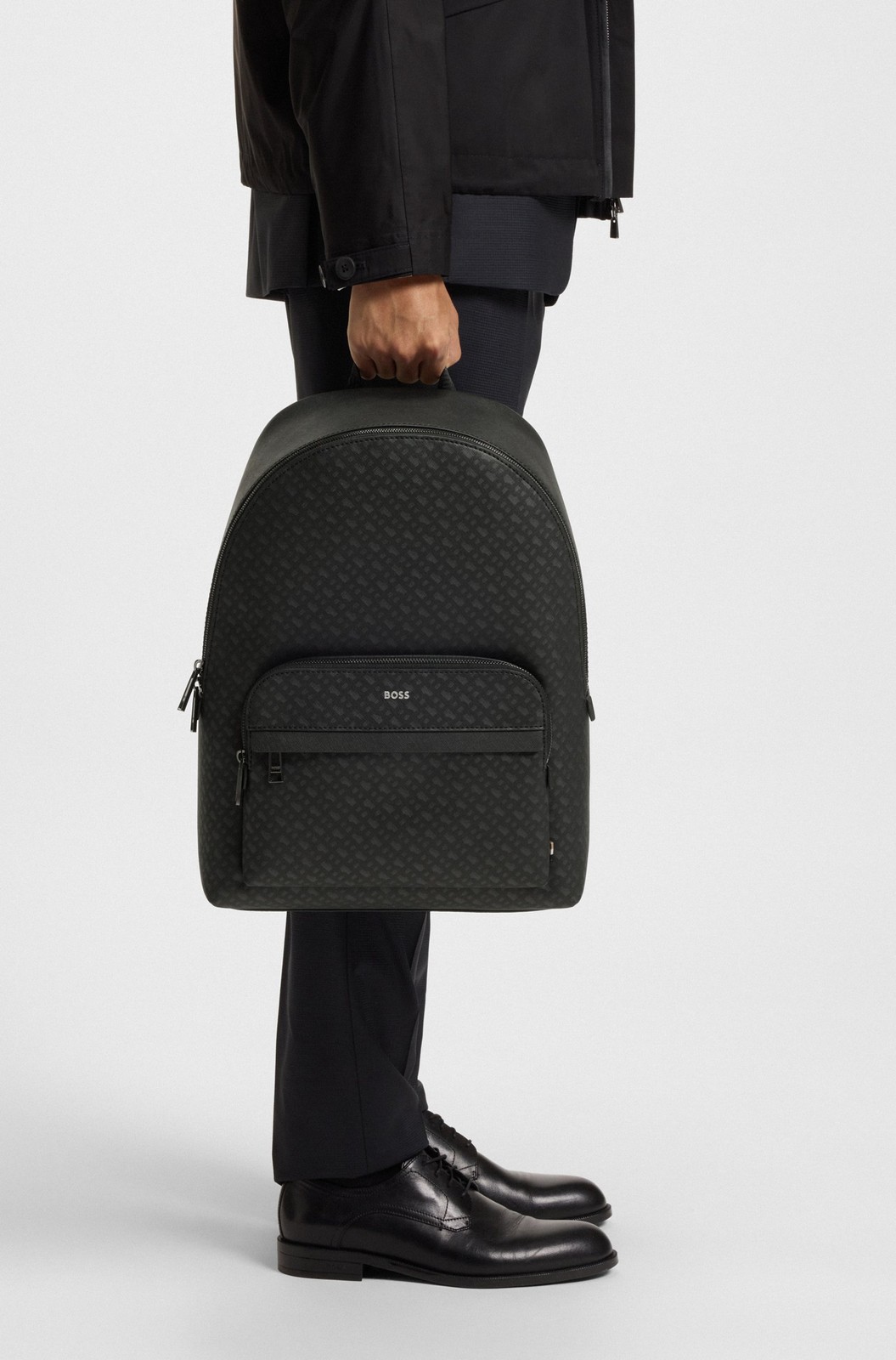 HUGO BOSS $330 MONOGRAM BACKPACK Travel BAG Regnerated Leather Black AUTHENTIC