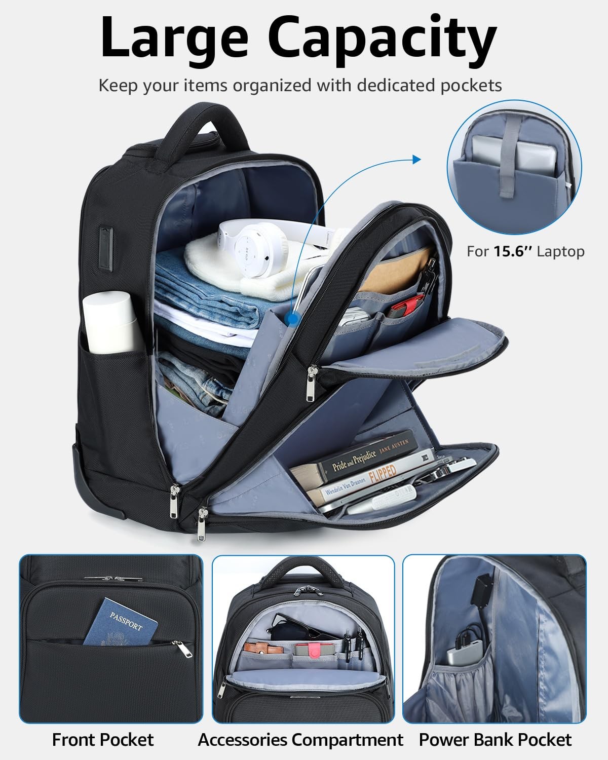 Rolling Backpack, 30L Travel Laptop Backpack with Wheels, 15.6 Inch Roller Ca…