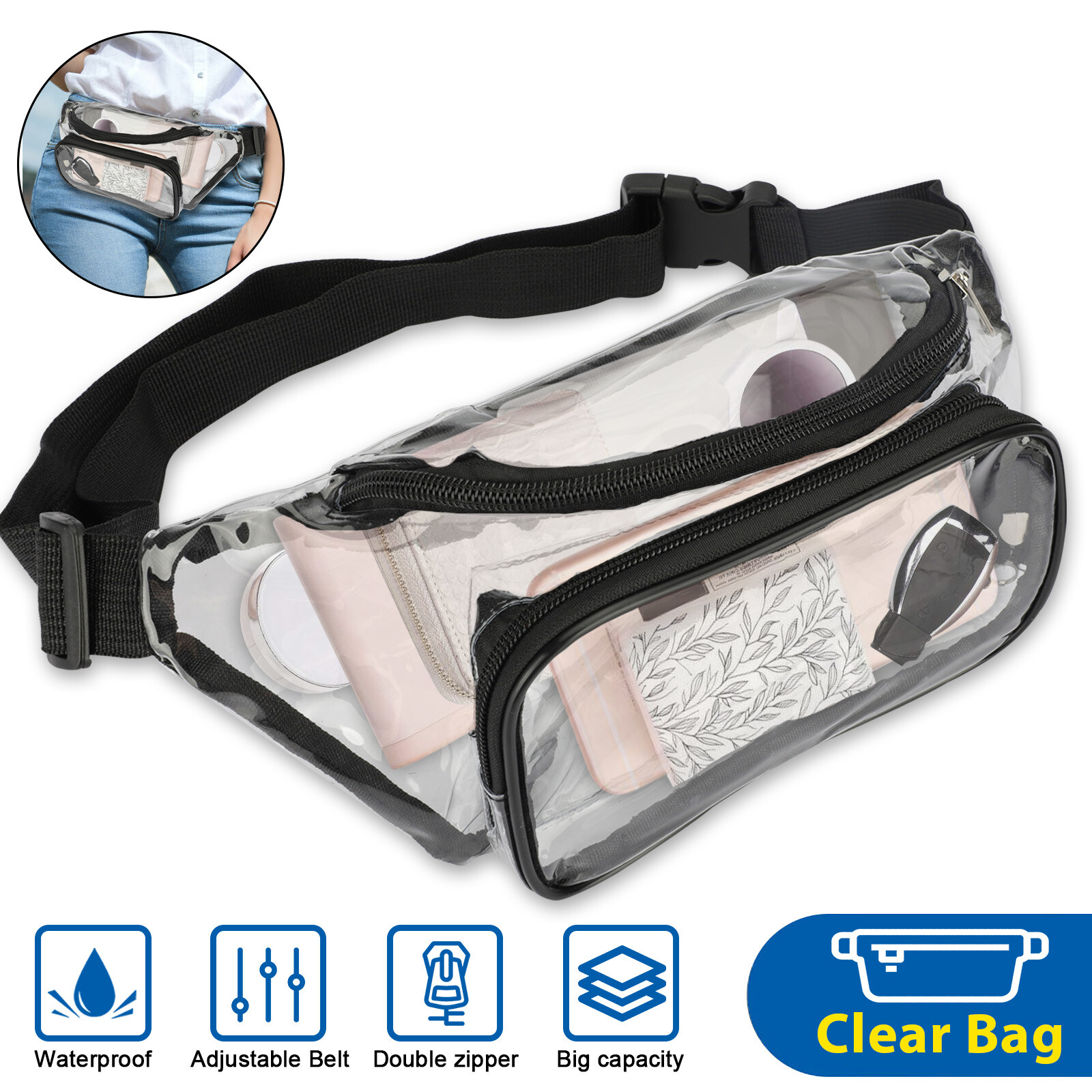 Waterproof Clear Waist Bag Transparent Zip Fanny Pouch Adjustable Strap Outdoor