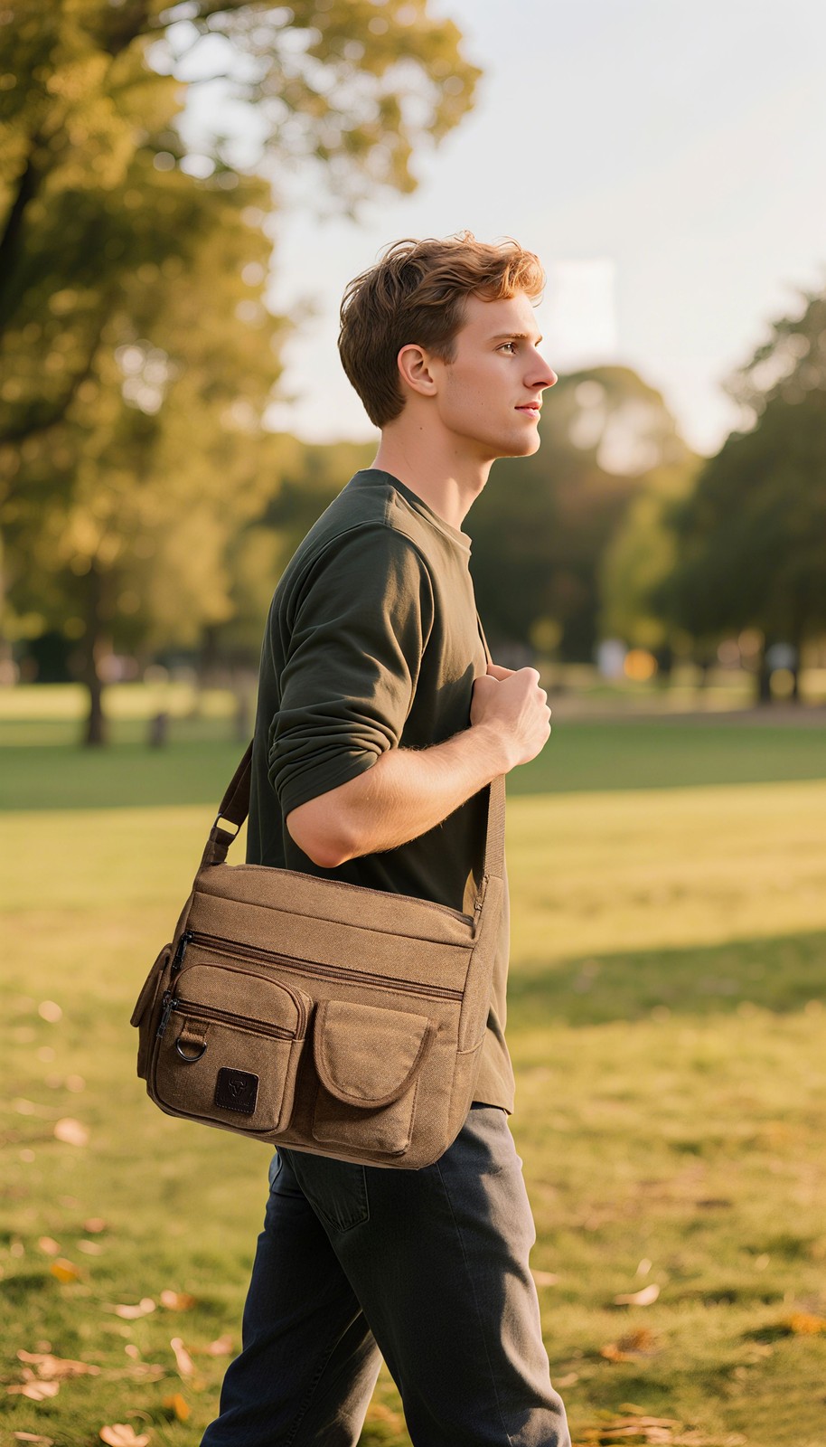 Men’s Canvas Shoulder Crossbody Bag Casual Work Travel Multi-Pocket Satchel