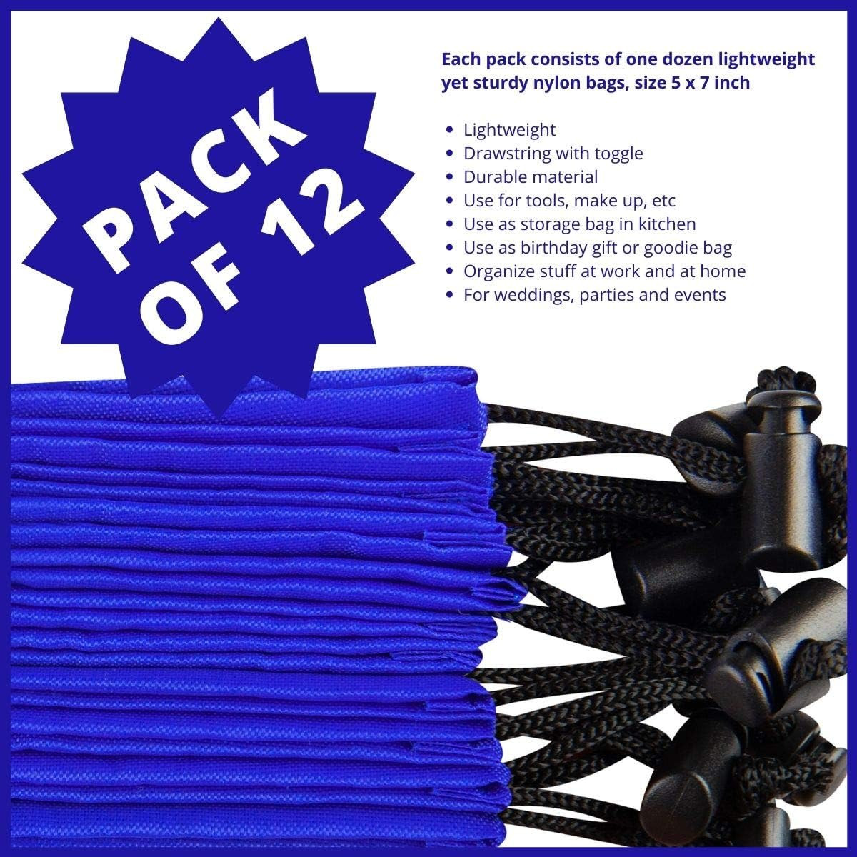Drawstring Pouch (5 x 7 Inch – 12 Pack – Blue) Small Nylon Cinch Bag with Toggle