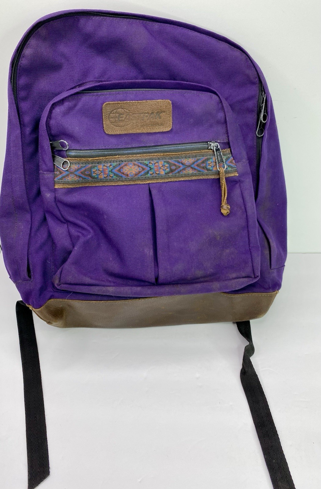 Vintage 90s Eastpak Suede Leather Bottom Purple Backpack Aztec Tribal Trim Zip