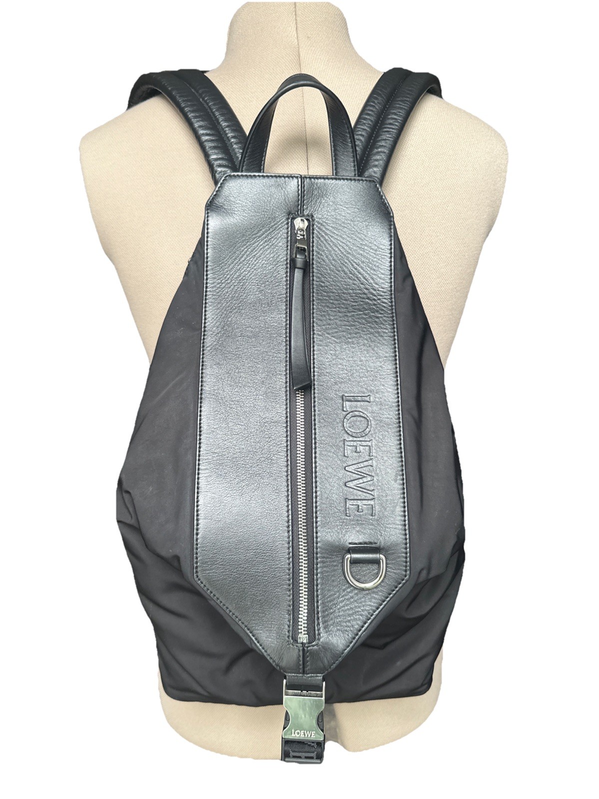 Loewe Medium Convertible Backpack Black Calfskin Leather Nylon Made In Spain