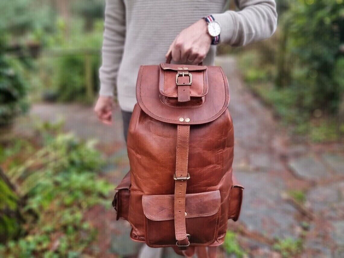 Real Leather Men’s Backpack Bag Laptop Satchel Briefcase Brown Vintage Bag