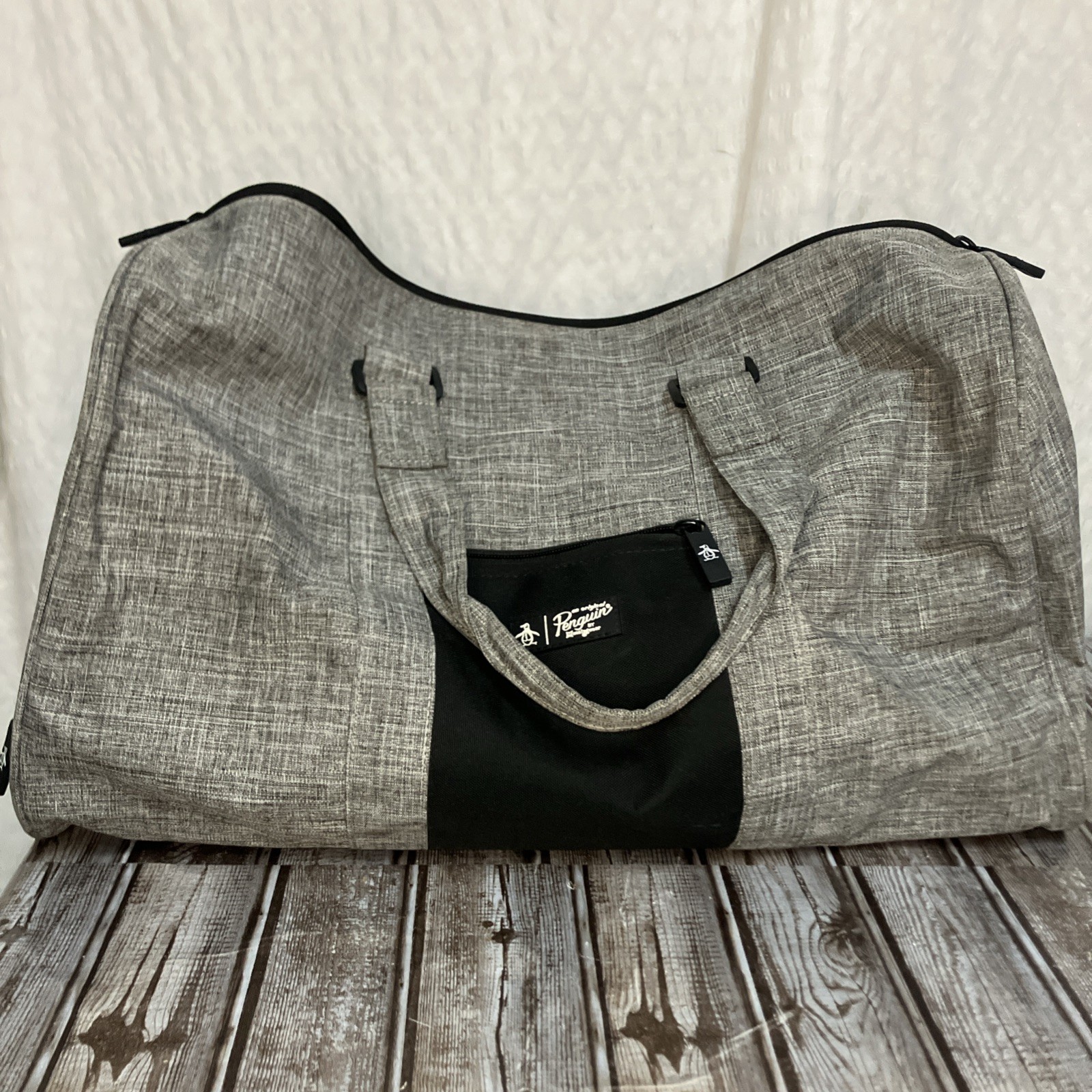 New Original Penguin Weekender Duffle Bag Grey Cross Stitch Large