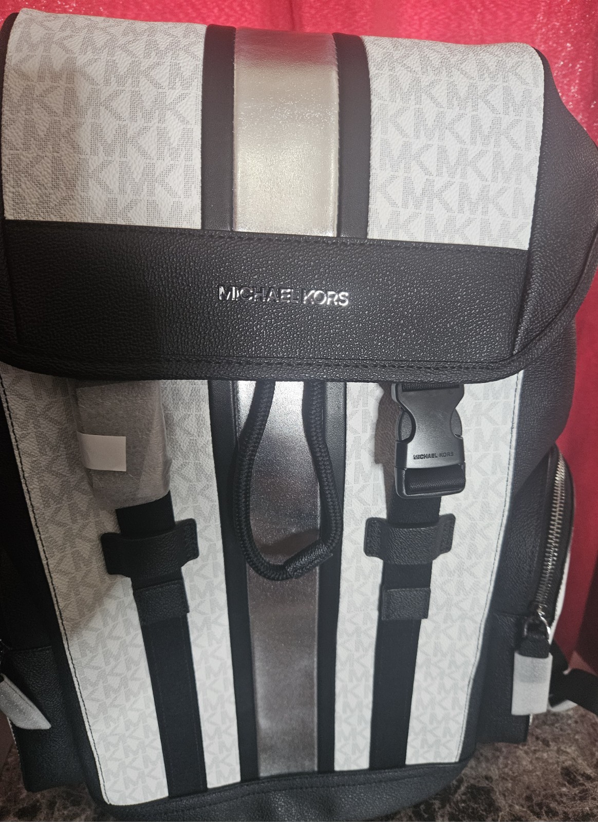 Michael Kors Cooper Medium Metallic Striped Logo backpack Black $498