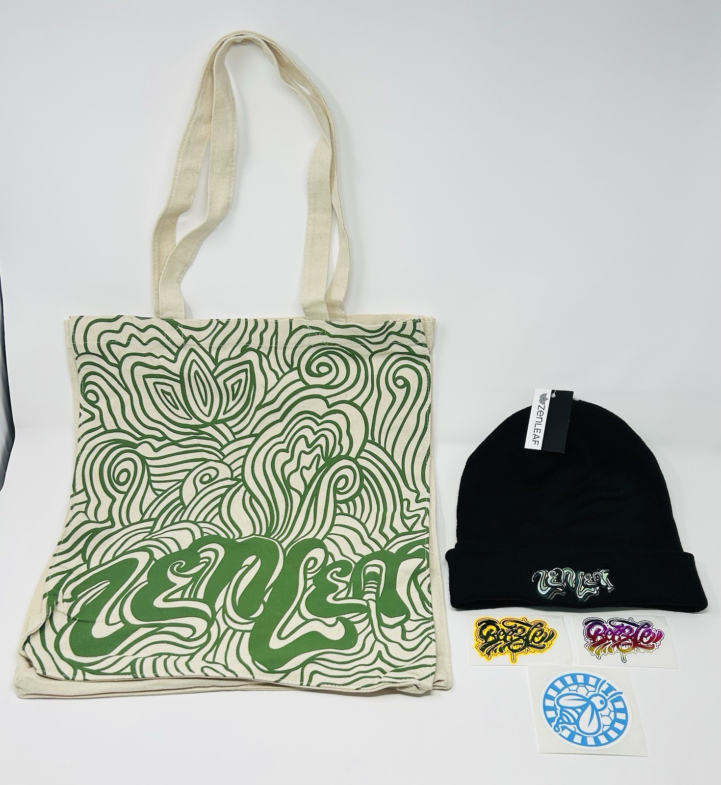 Zen Leaf Cannabis Dispensary Merch Lot Swag *Tote Bag, Stash Beanie, Stickers*