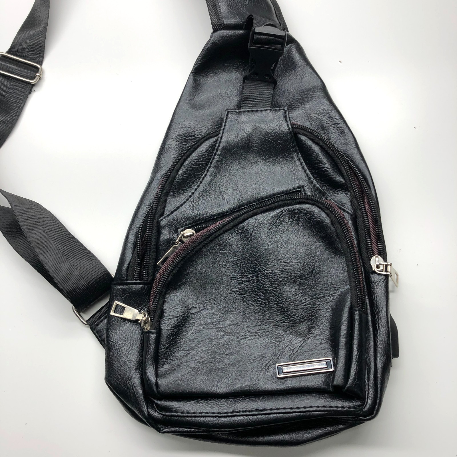 Unbranded Crossbody Sling Bag Black Mens Faux Leather Adjustable Strap