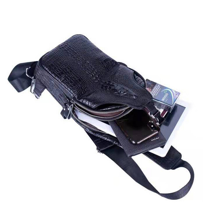 Genuine Leather Sling Backpack, Crocodile Pattern Men‘s Crossbody Shoulder Bag