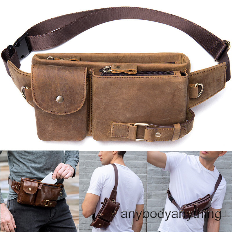 Men Genuine Leather Belt Bag Phone Pouch Shoulder Crossbody Waist Pack Chest Bag