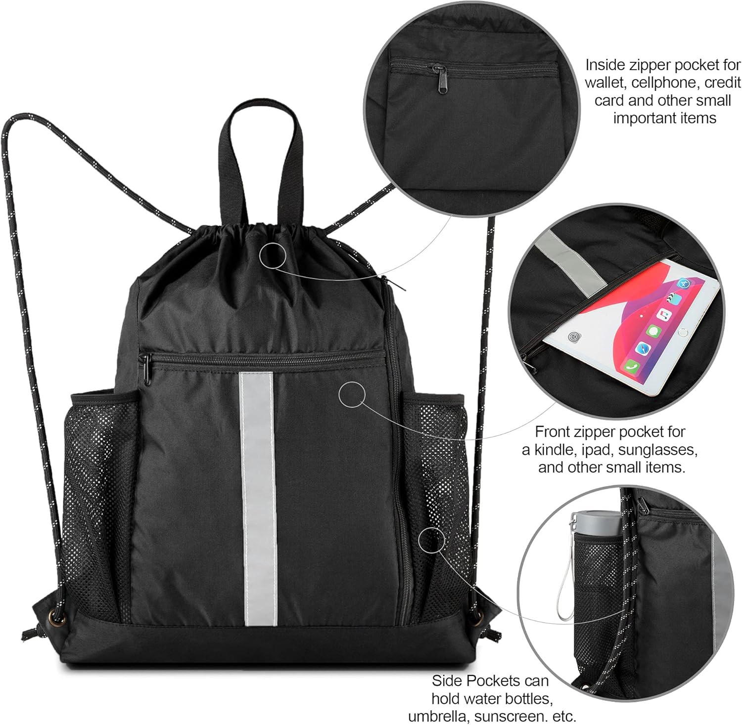 Drawstring Backpack Bag Sports Gym Backpack with Shoe Compartment and Two Water