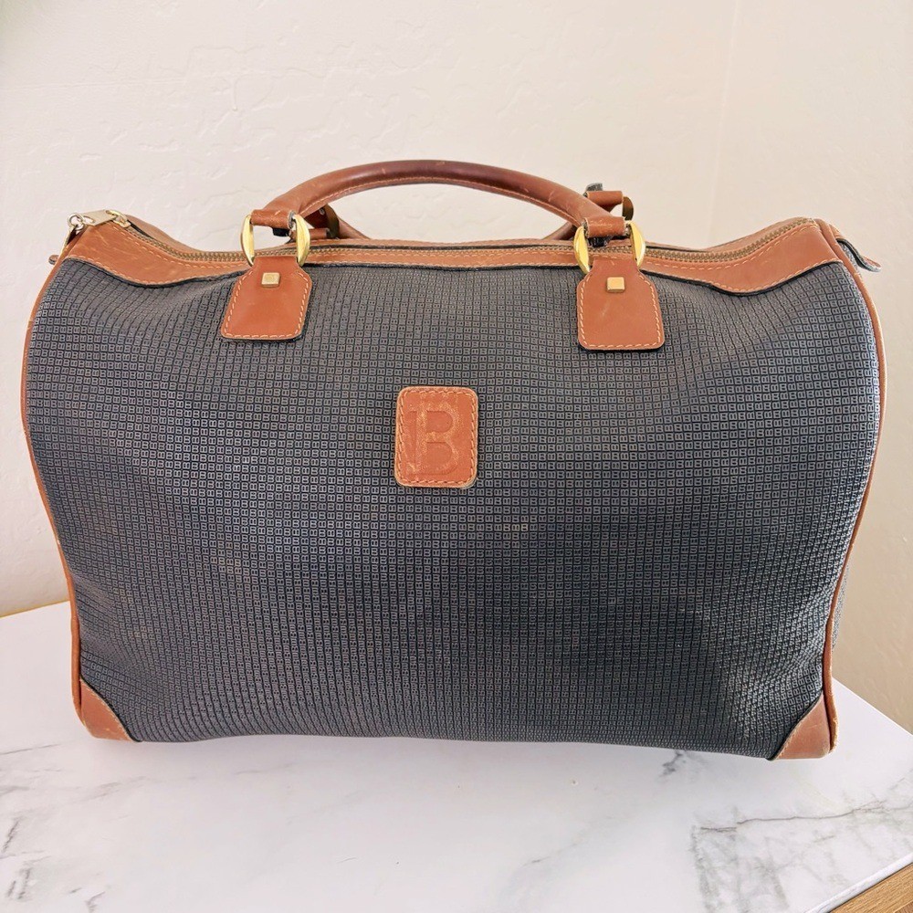 Bally B Logo Boston Style Leather Bag Black Brown Designer Luxury Vintage Duffle