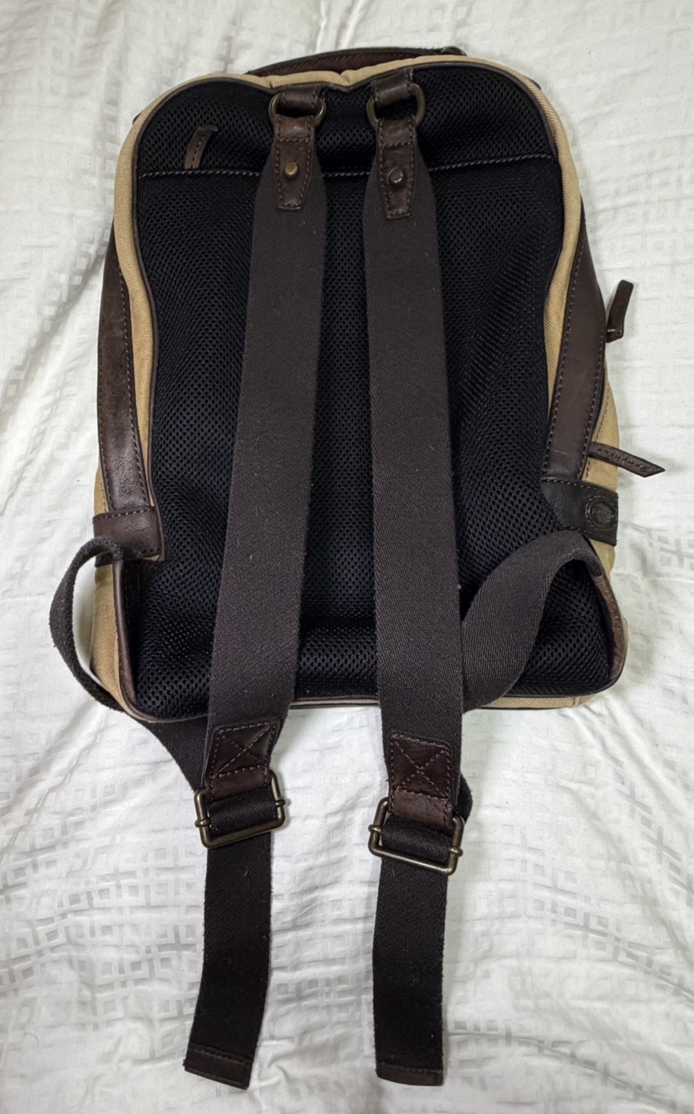 FOSSIL Estate Backpack Rugged Canvas Brown Leather Trim Padded Zip