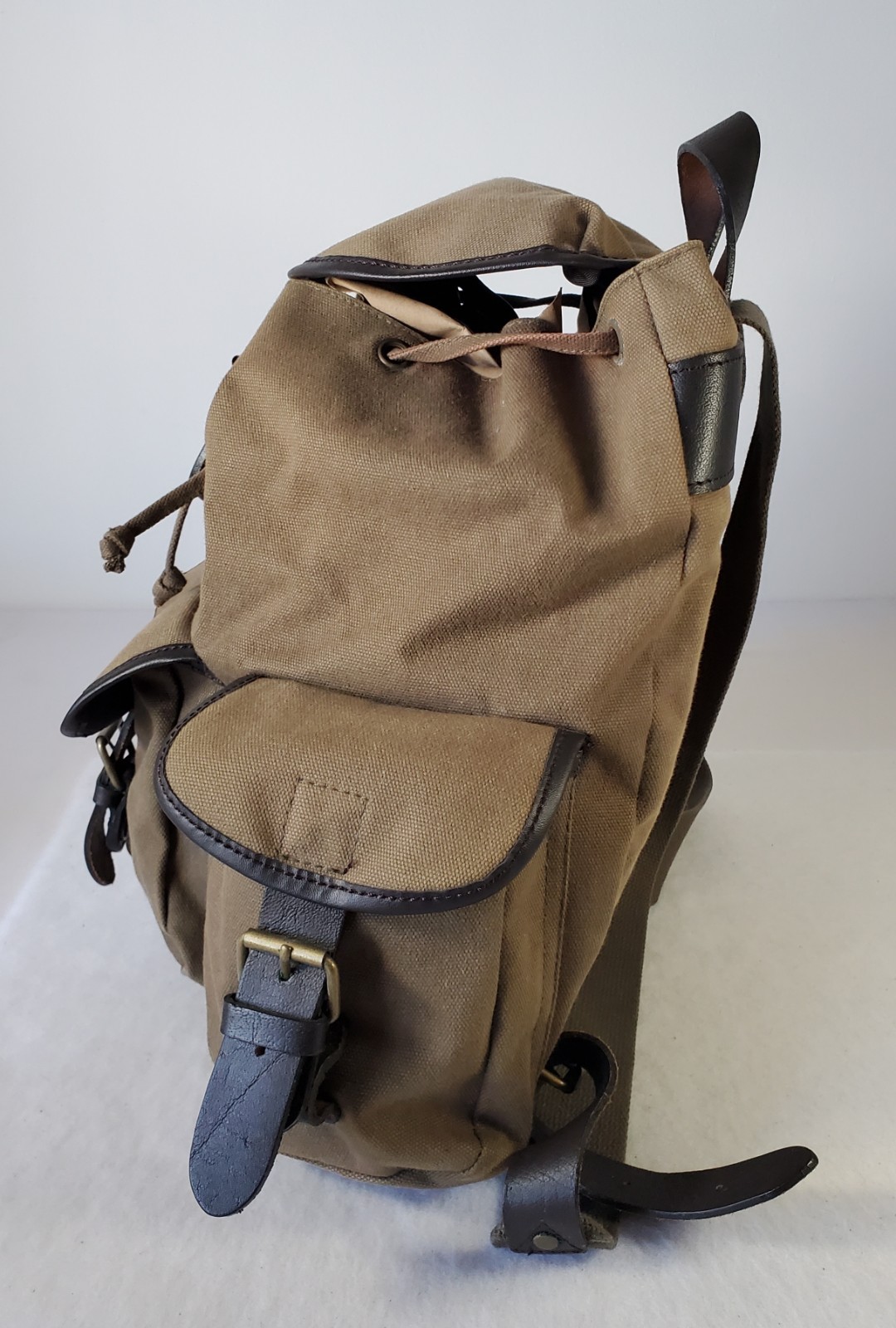 GAP Canvas Military Backpack Leather Straps Snap Pockets Drawstring/ Zipper READ